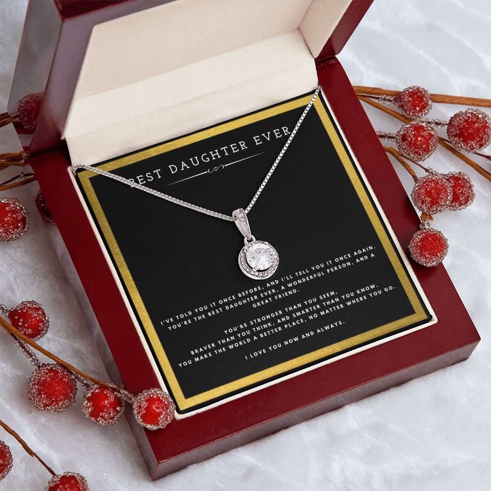 Best Daughter Ever Necklace Gift – 14k White Gold Finished CZ Pendant for Daughter with Heartfelt Message Card