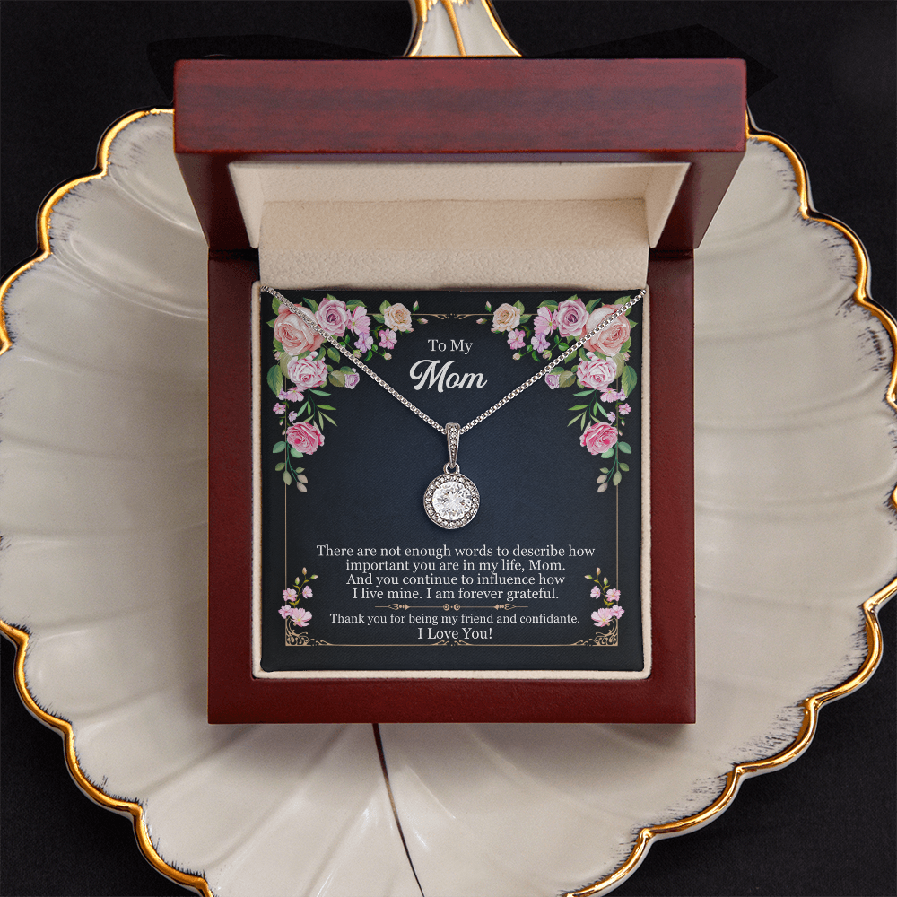 To My Mom – 14k White Gold Finish Necklace with Cushion-Cut CZ Crystal – Adjustable Pendant Necklace Gift for Mom