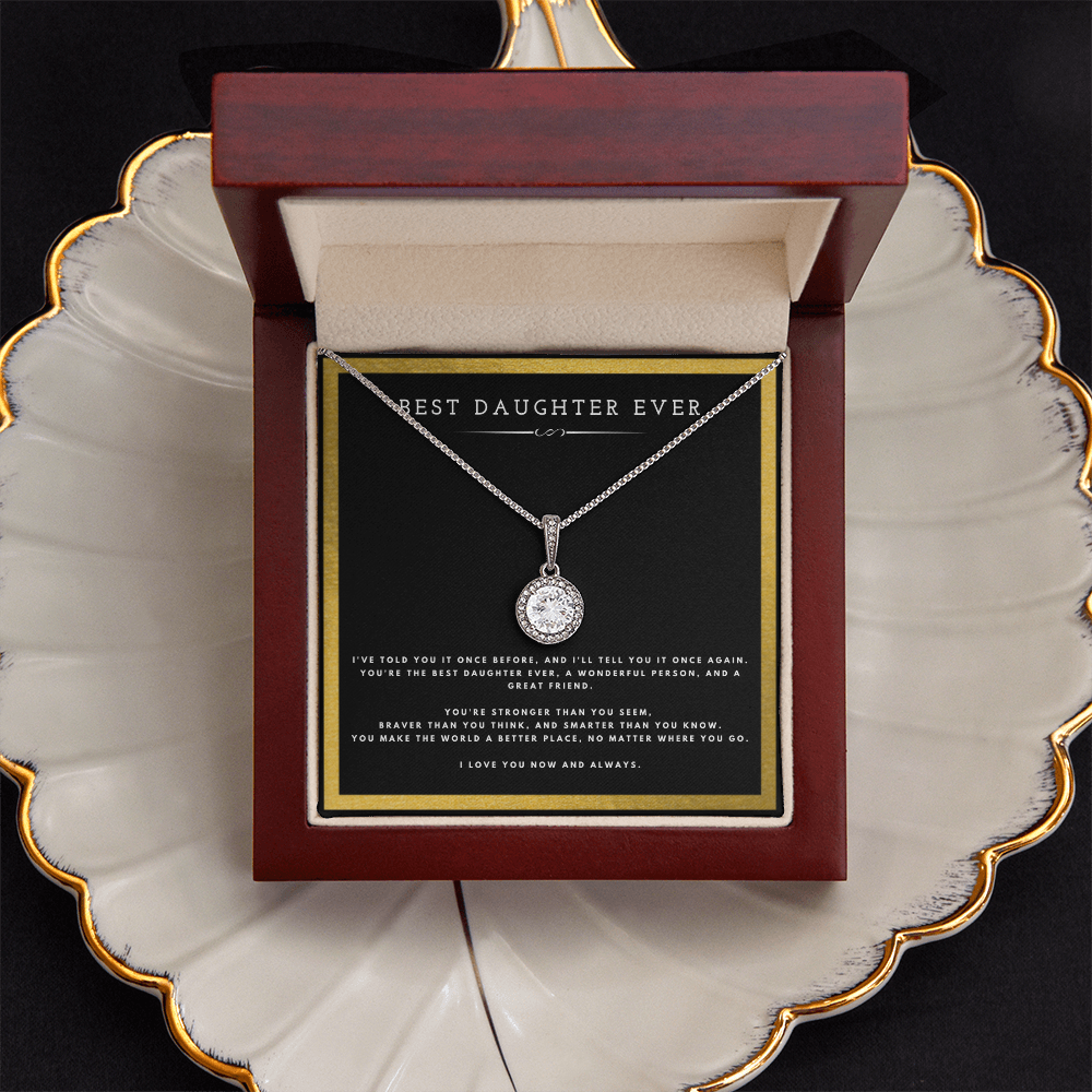 Best Daughter Ever Necklace Gift – 14k White Gold Finished CZ Pendant for Daughter with Heartfelt Message Card