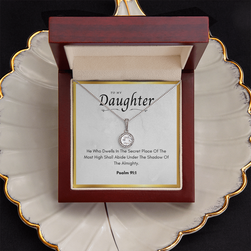 To My Daughter Eternal Hope Necklace with Psalm 91:1 Card - 14K White Gold Over Stainless Steel, CZ Pendant Necklace, Gift for Daughter from Mom or Dad
