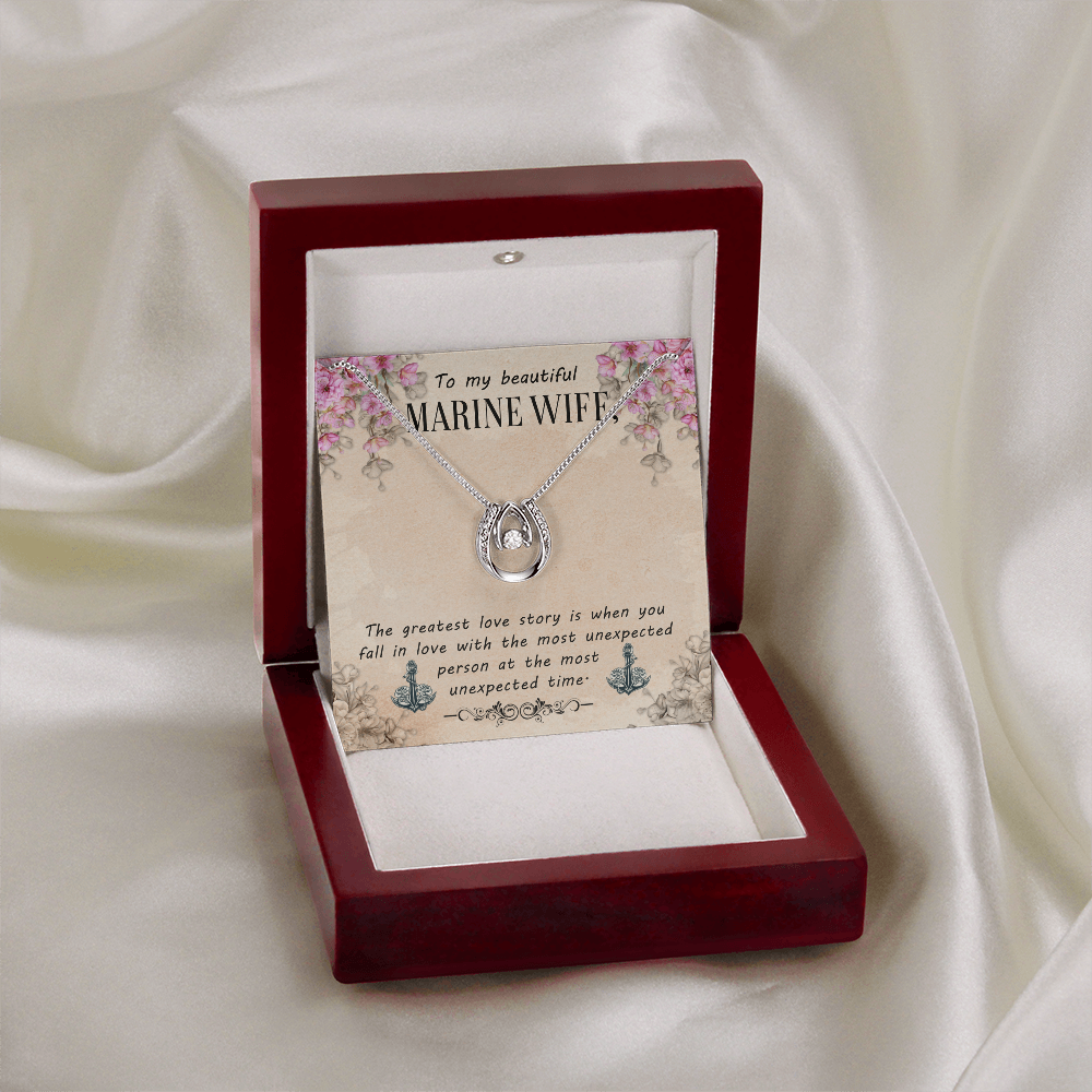 Marine Wife Lucky in Love Necklace – White Gold Dancing CZ Pendant Gift for Her from Husband