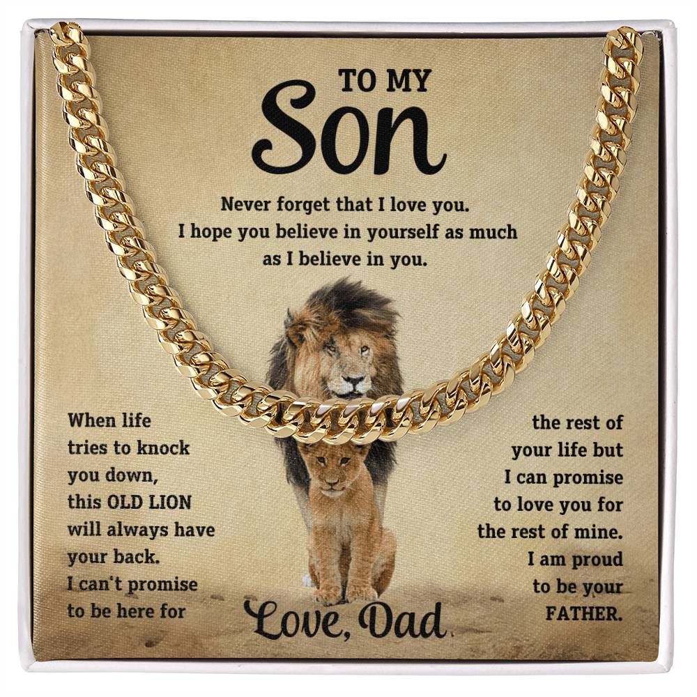 To My Son Cuban Link Chain Necklace from Dad – Inspirational Lion Message Birthday Gift for Son