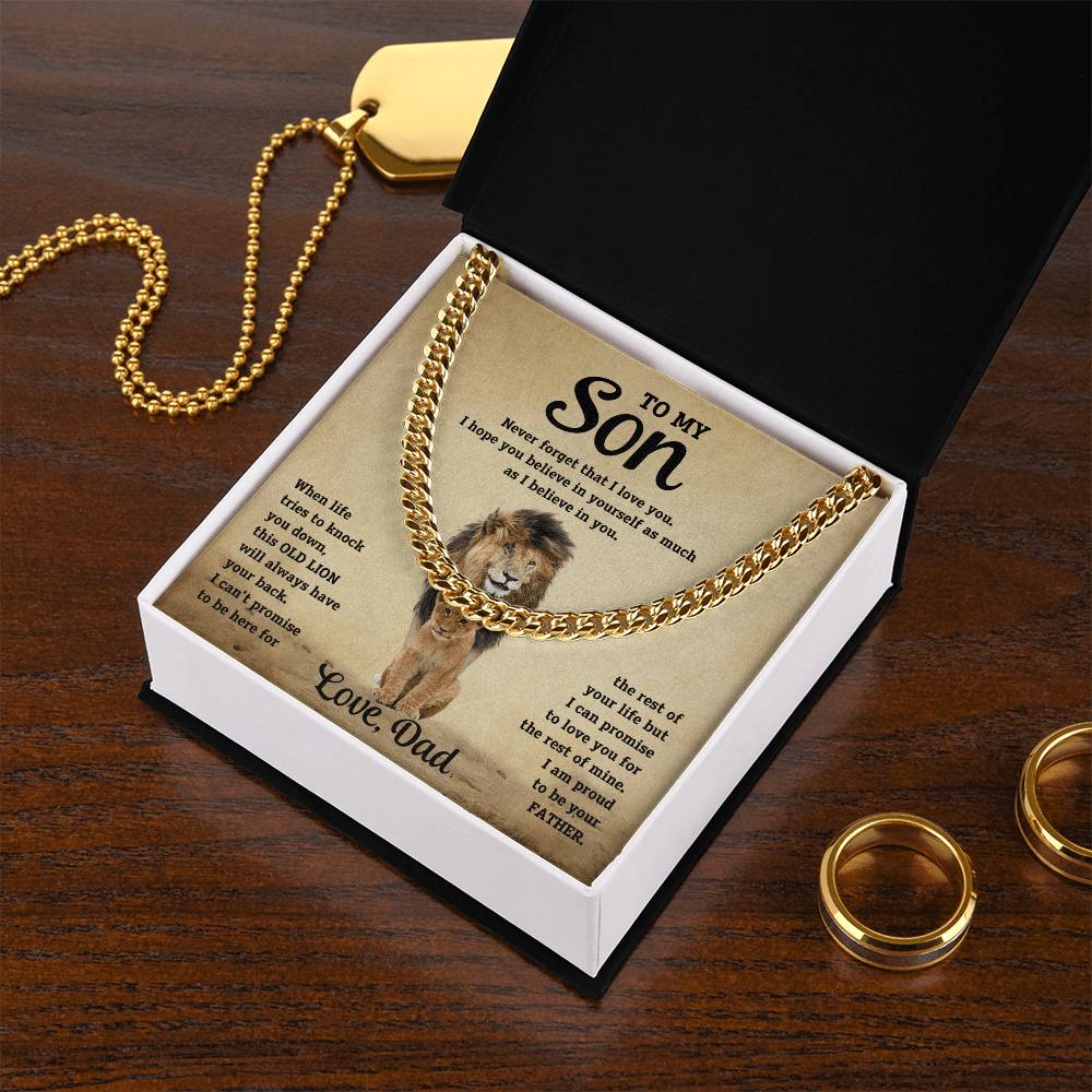 To My Son Cuban Link Chain Necklace from Dad – Inspirational Lion Message Birthday Gift for Son