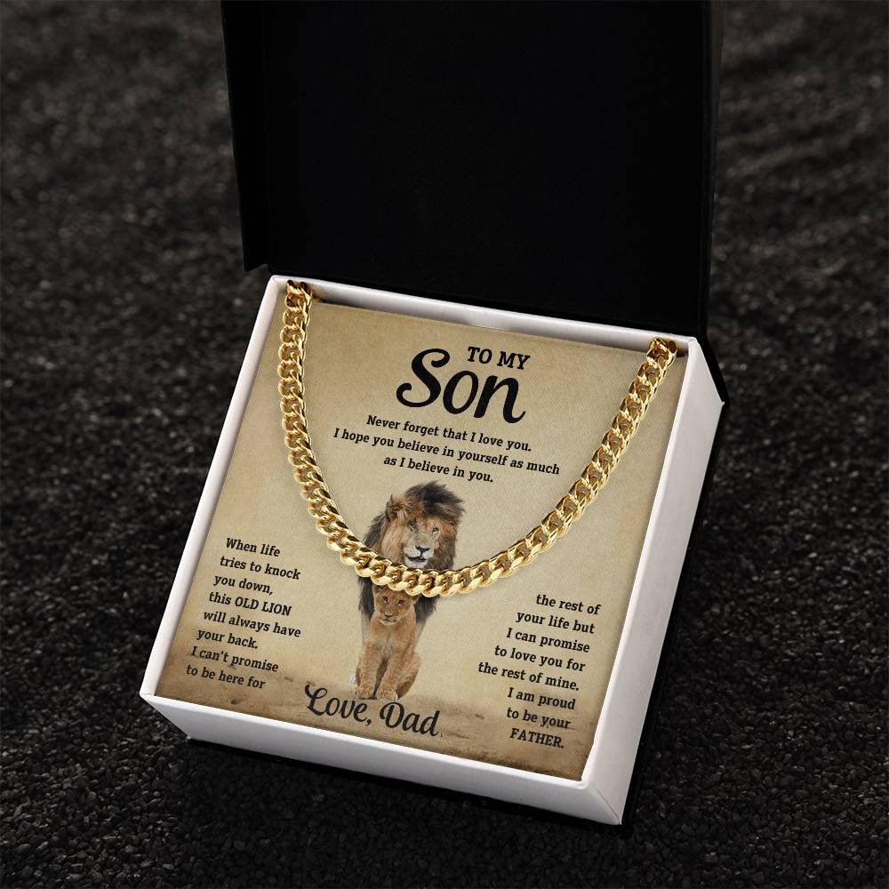 To My Son Cuban Link Chain Necklace from Dad – Inspirational Lion Message Birthday Gift for Son