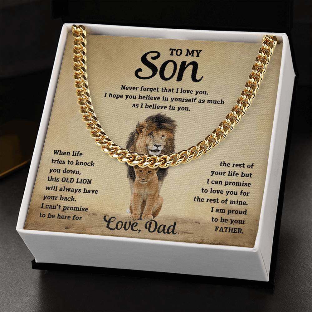 To My Son Cuban Link Chain Necklace from Dad – Inspirational Lion Message Birthday Gift for Son