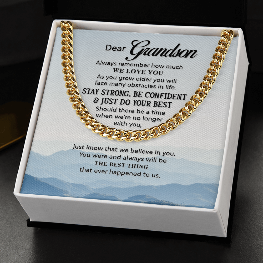 Grandson Cuban Link Chain Gift – Inspirational Necklace for Grandson from Grandparents with Loving Quote
