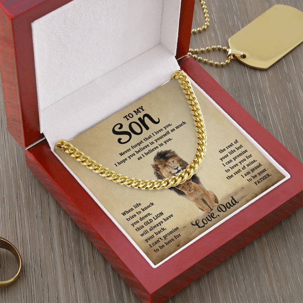 To My Son Cuban Link Chain Necklace from Dad – Inspirational Lion Message Birthday Gift for Son