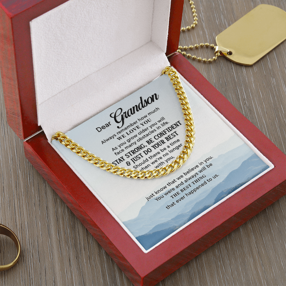 Grandson Cuban Link Chain Gift – Inspirational Necklace for Grandson from Grandparents with Loving Quote