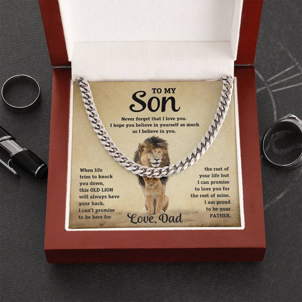 To My Son Cuban Link Chain Necklace from Dad – Inspirational Lion Message Birthday Gift for Son