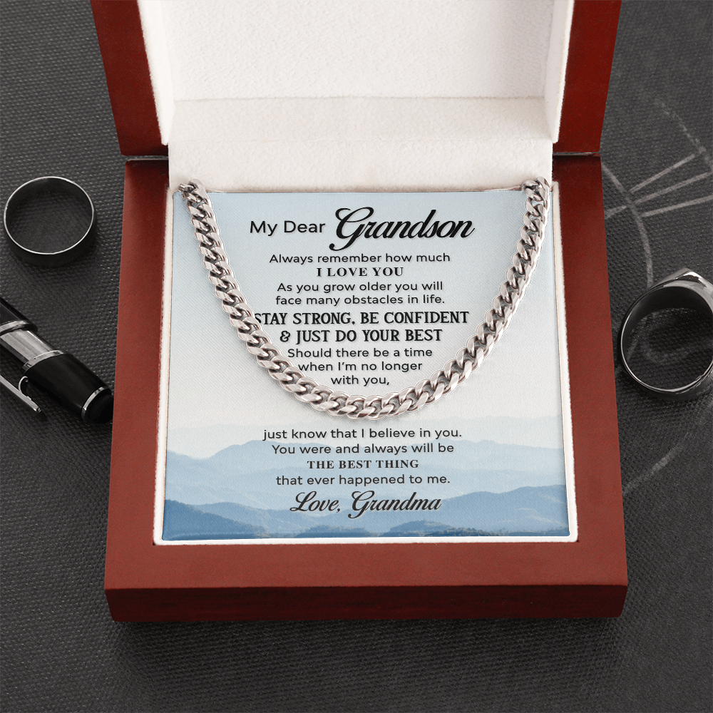 Grandson Cuban Link Chain Gift from Grandma – Stainless Steel Necklace with Inspirational Message Card