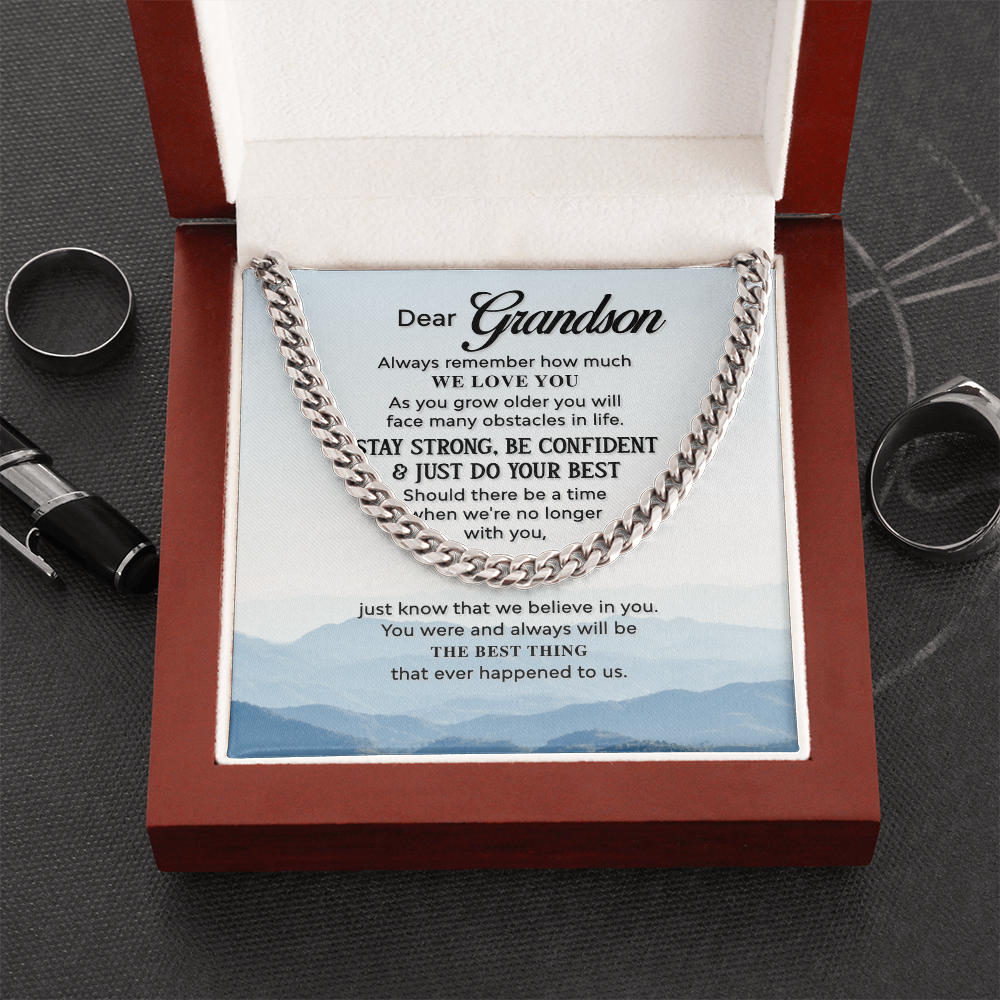Grandson Cuban Link Chain Gift – Inspirational Necklace for Grandson from Grandparents with Loving Quote