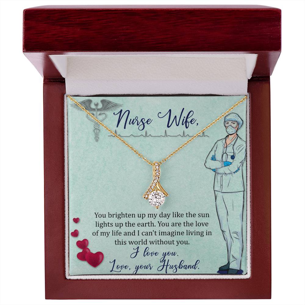To My Nurse Wife Ribbon Necklace, 14k White Gold CZ Pendant, Romantic Gift from Husband for Her