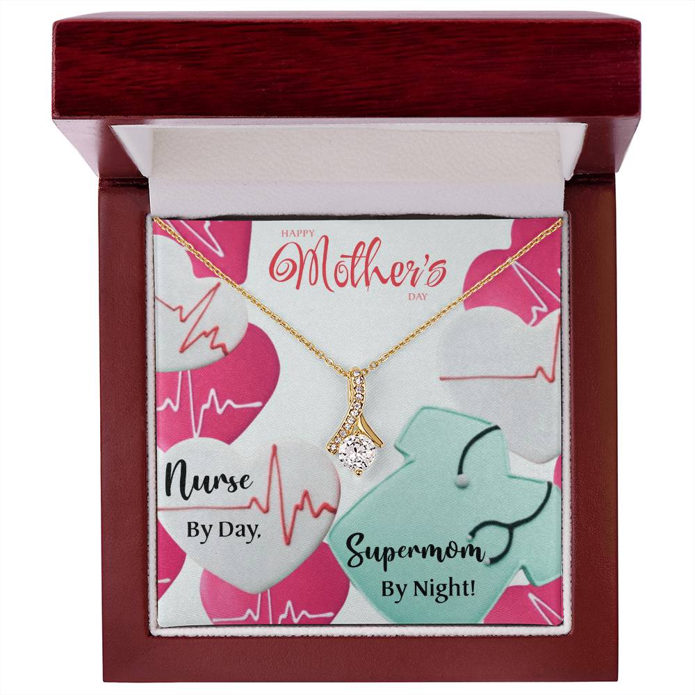 Happy Mother’s Day Necklace for Nurses - Nurse by Day, Supermom by Night - 14k White Gold or 18k Yellow Gold Finish, 7mm Cubic Zirconia Pendant, Adjustable 18-22” Chain
