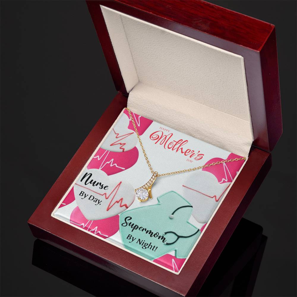 Happy Mother’s Day Necklace for Nurses - Nurse by Day, Supermom by Night - 14k White Gold or 18k Yellow Gold Finish, 7mm Cubic Zirconia Pendant, Adjustable 18-22” Chain