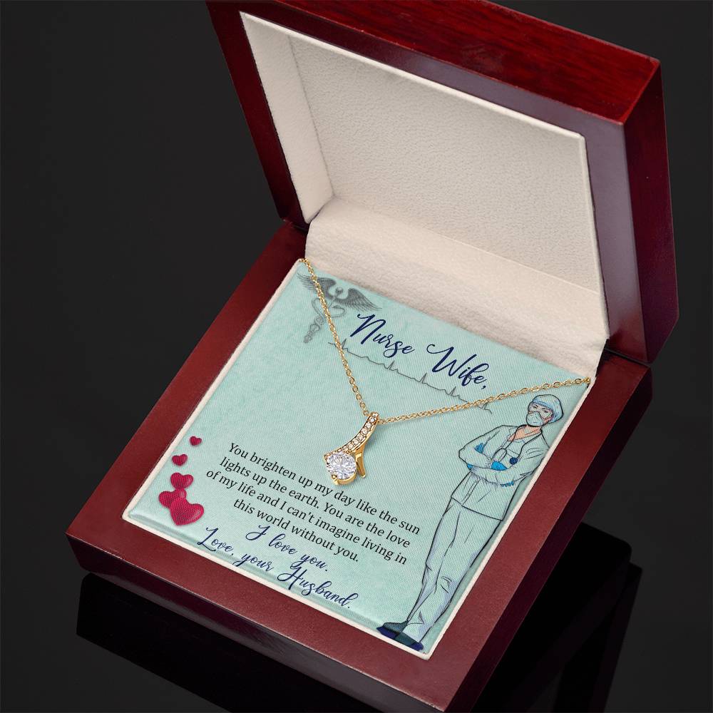 To My Nurse Wife Ribbon Necklace, 14k White Gold CZ Pendant, Romantic Gift from Husband for Her