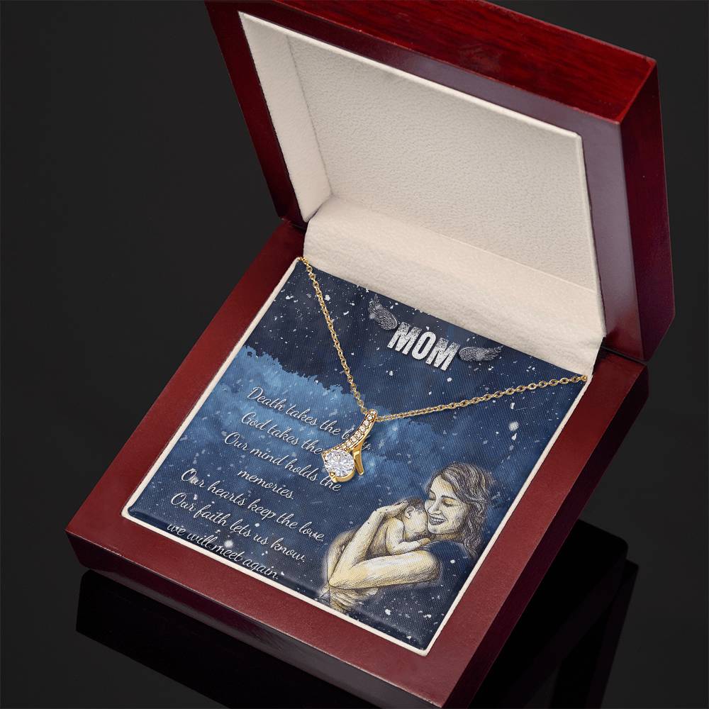 Mom Memorial Necklace Ribbon Pendant with Sympathy Message, Remembrance Gift from Daughter or Son