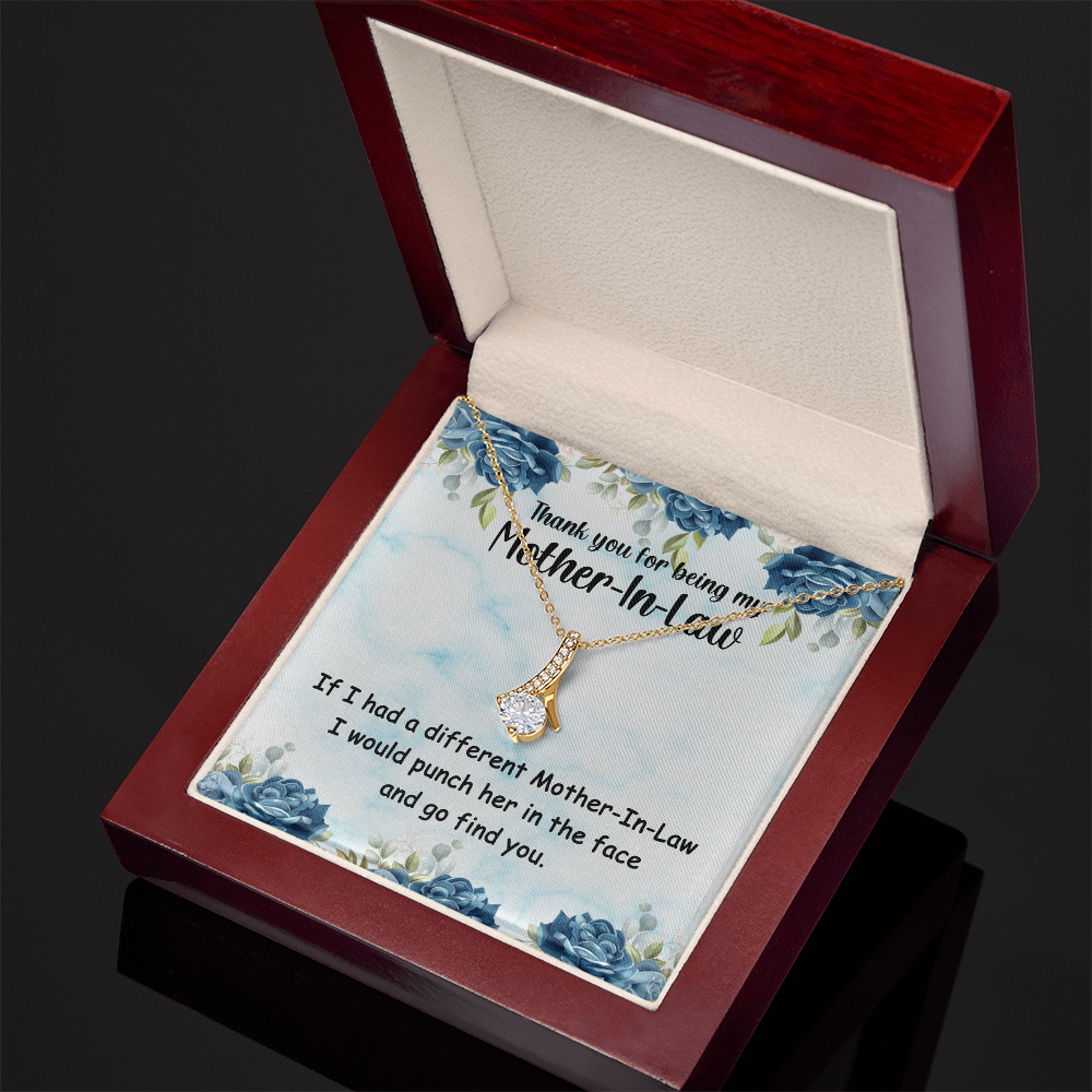 Mother-In-Law Necklace Gift with Funny Quote – 14k White Gold or 18k Yellow Gold Finish with Cubic Zirconia – Adjustable Pendant Necklace for Birthday, Anniversary or Special Occasions
