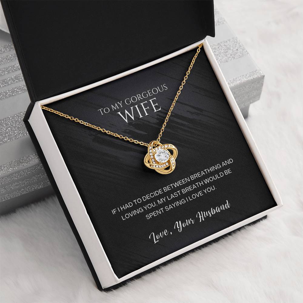 Love Knot Necklace for Wife, 14K White Gold or 18K Yellow Gold, Cubic Zirconia Pendant, Romantic Gift for Her, I Love You Message