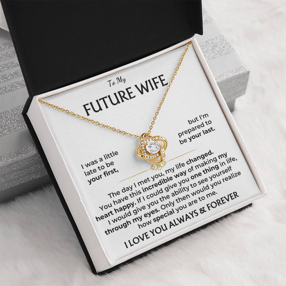 To My Future Wife Love Knot Necklace with Cubic Zirconia Pendant - 14k White Gold or 18k Yellow Gold Over Stainless Steel - Adjustable Chain - Perfect Gift for Anniversary, Birthday, or Valentine's Day