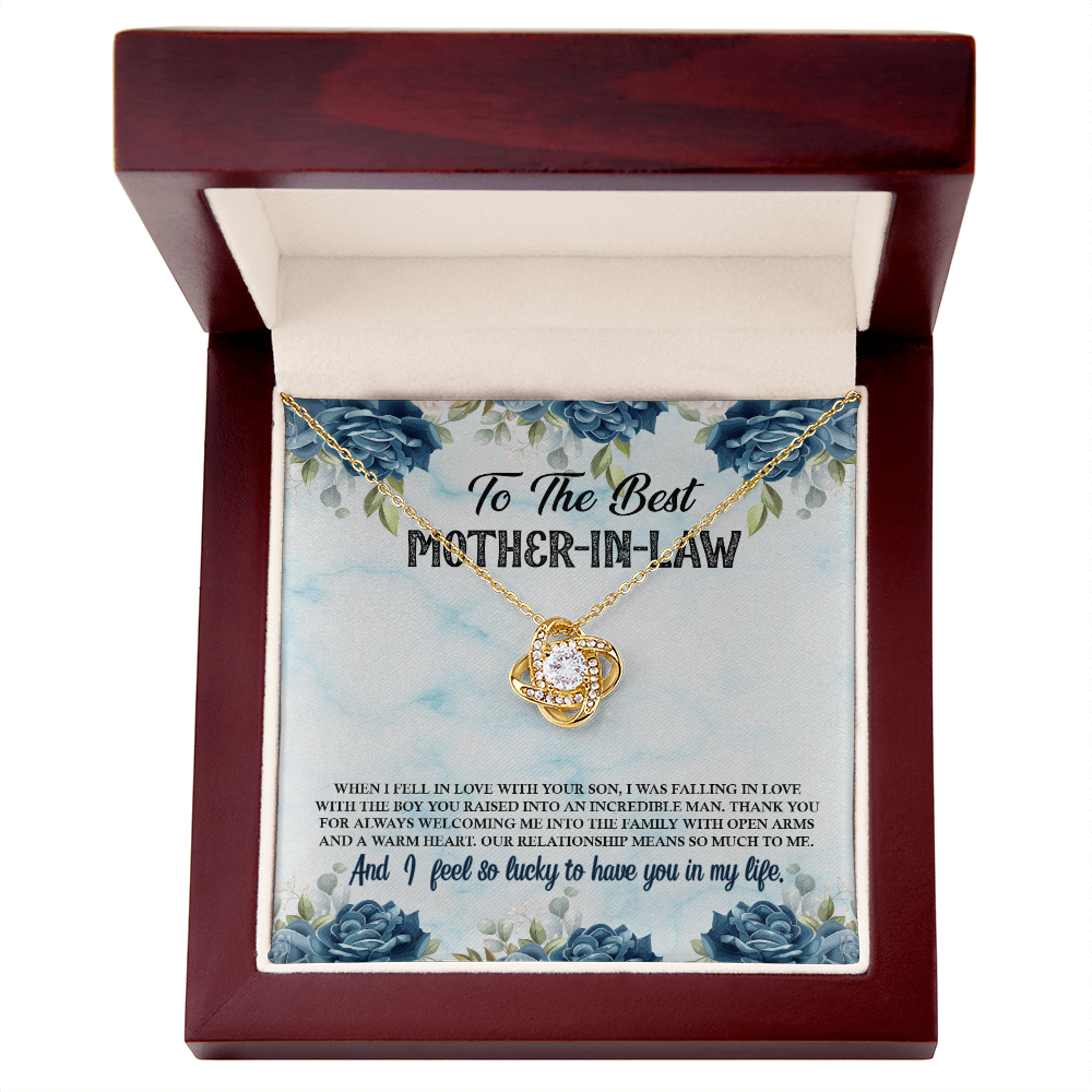 To The Best Mother-in-Law Love Knot Necklace - 14k White Gold or 18k Yellow Gold, Cubic Zirconia Pendant, Adjustable Chain - A Heartfelt Gift for Mother-in-Law
