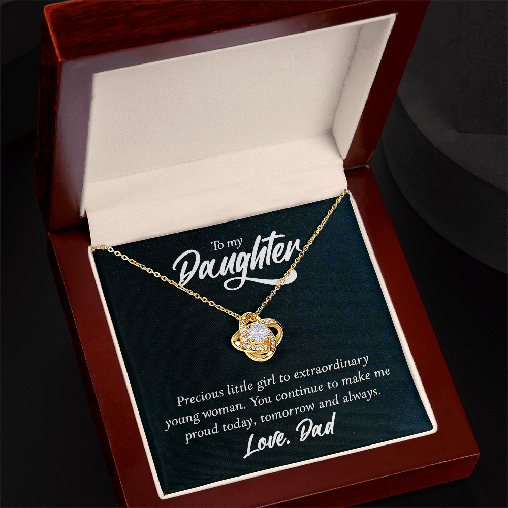 Proud Love Knot Necklace for Daughter – Heart Pendant with CZ Crystals, Gifts from Dad, Adjustable Chain