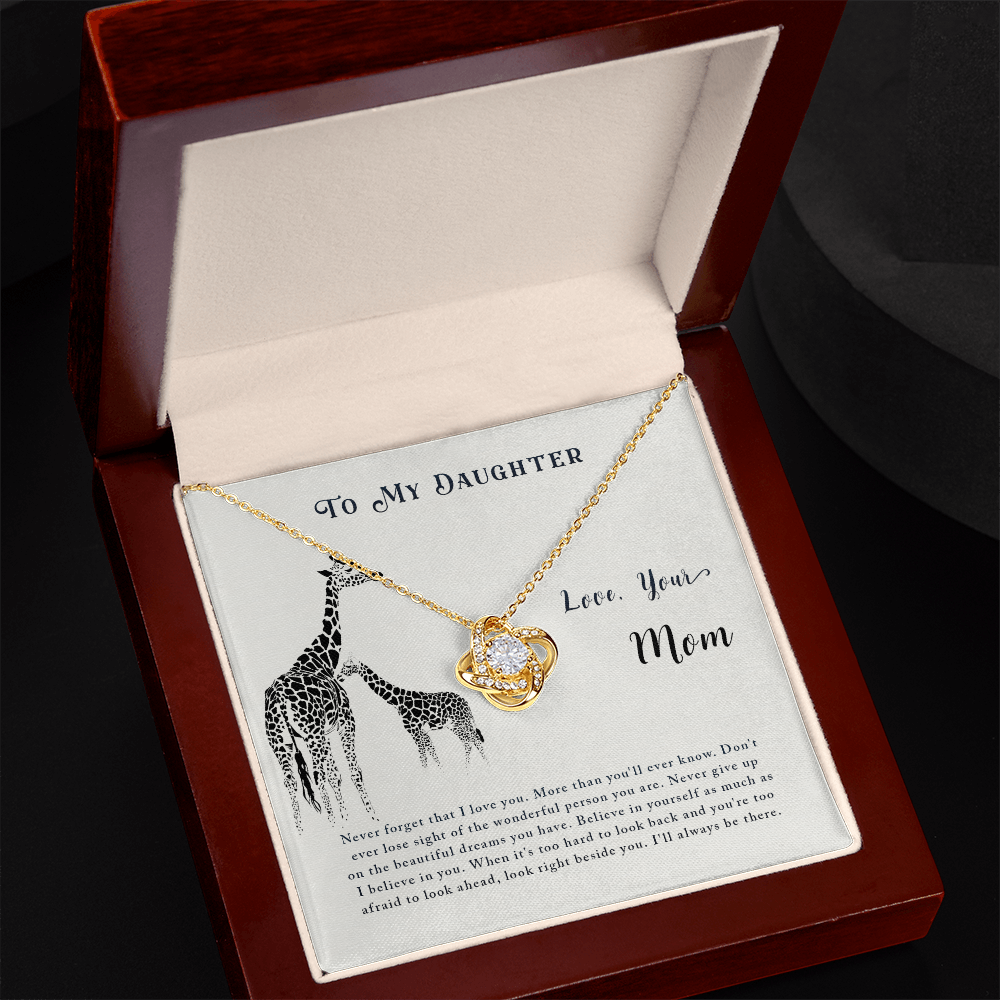 Daughter Never Forget Love Knot Necklace from Mom – Inspirational Jewelry Gift for Daughter, Cubic Zirconia Pendant