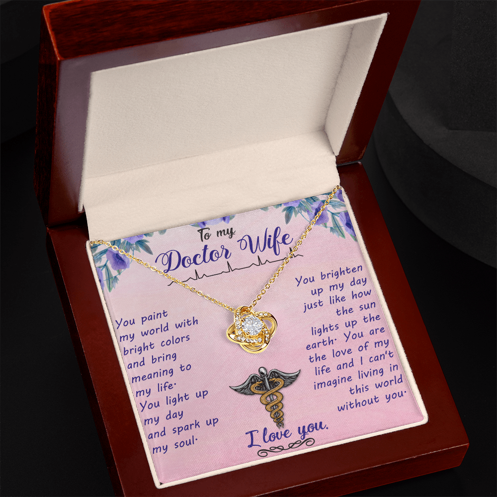 To My Doctor Wife Love Knot Necklace, 14k White Gold CZ Pendant, Romantic Gift from Husband for Her