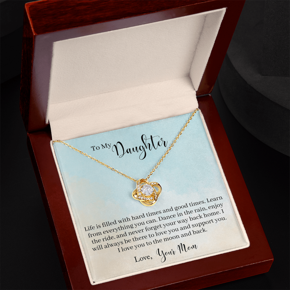 To the Moon and Back Love Knot Necklace for Daughter – Mom to Daughter Gift, CZ Pendant, Inspirational Jewelry
