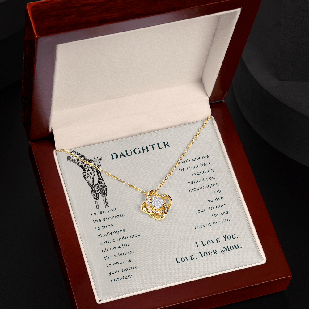 Daughter Wish Love Knot Necklace from Mom – Daughter Gift, Cubic Zirconia Pendant, Inspirational Message Card