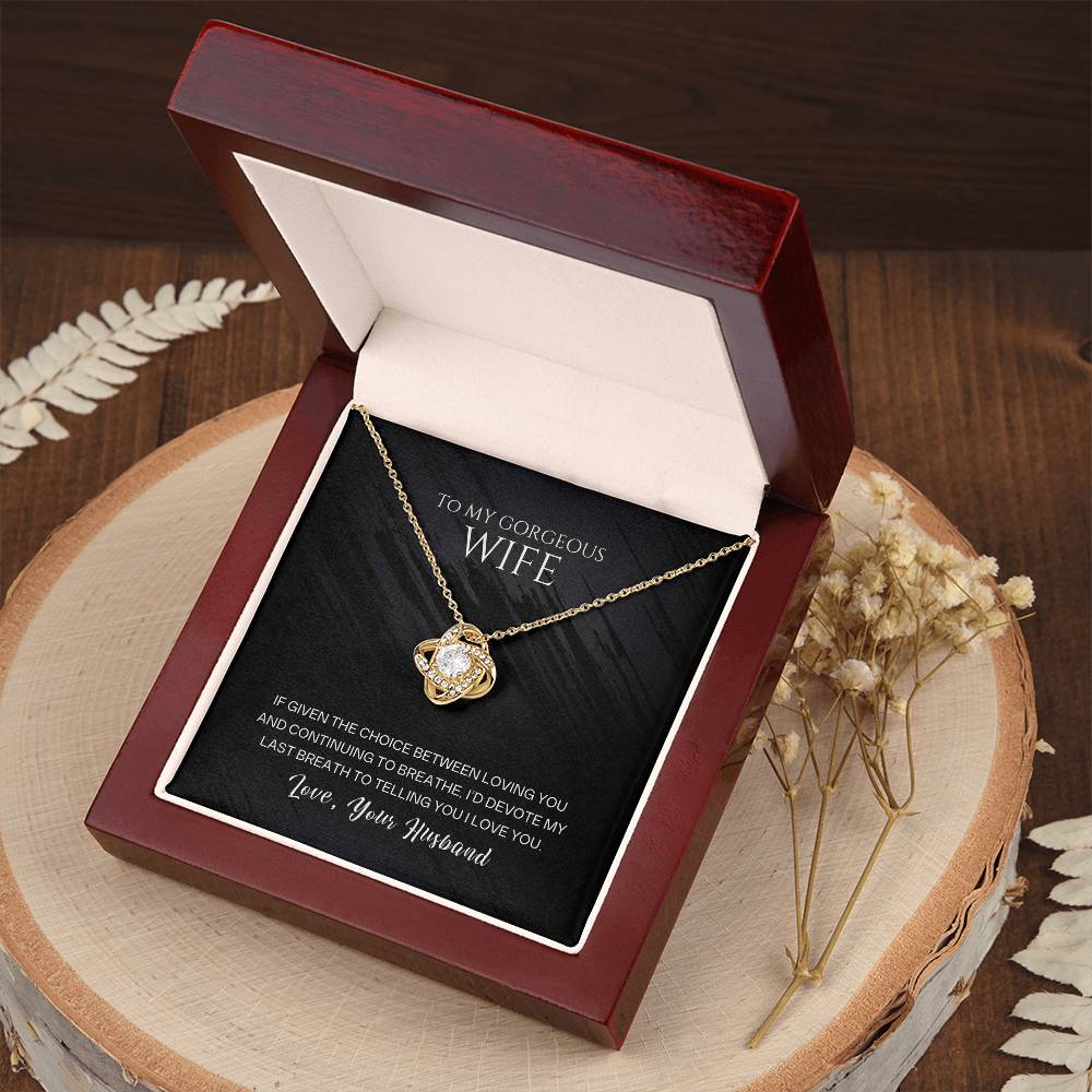 To My Gorgeous Wife Love Knot Necklace – Romantic Husband Gift with Cubic Zirconia Pendant