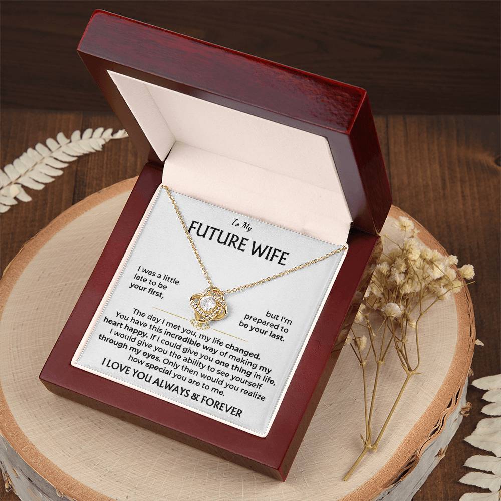 To My Future Wife Love Knot Necklace with Cubic Zirconia Pendant - 14k White Gold or 18k Yellow Gold Over Stainless Steel - Adjustable Chain - Perfect Gift for Anniversary, Birthday, or Valentine's Day