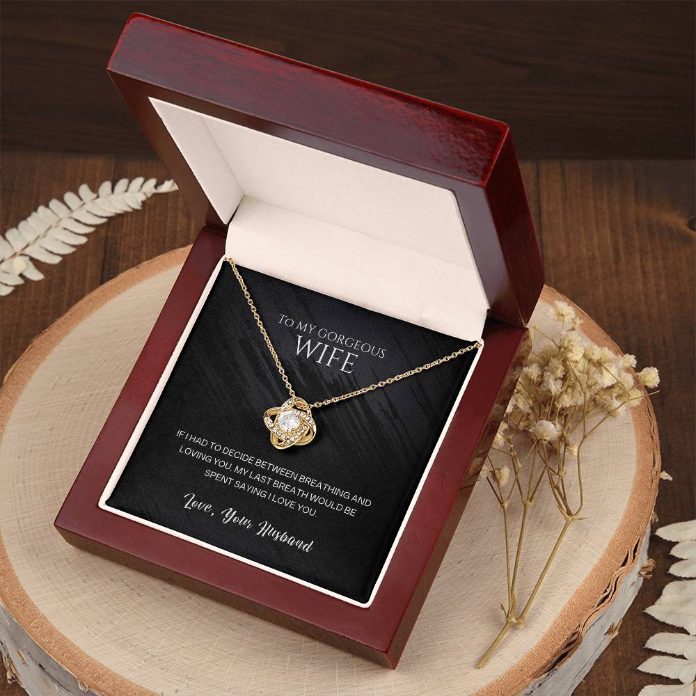 Love Knot Necklace for Wife, 14K White Gold or 18K Yellow Gold, Cubic Zirconia Pendant, Romantic Gift for Her, I Love You Message