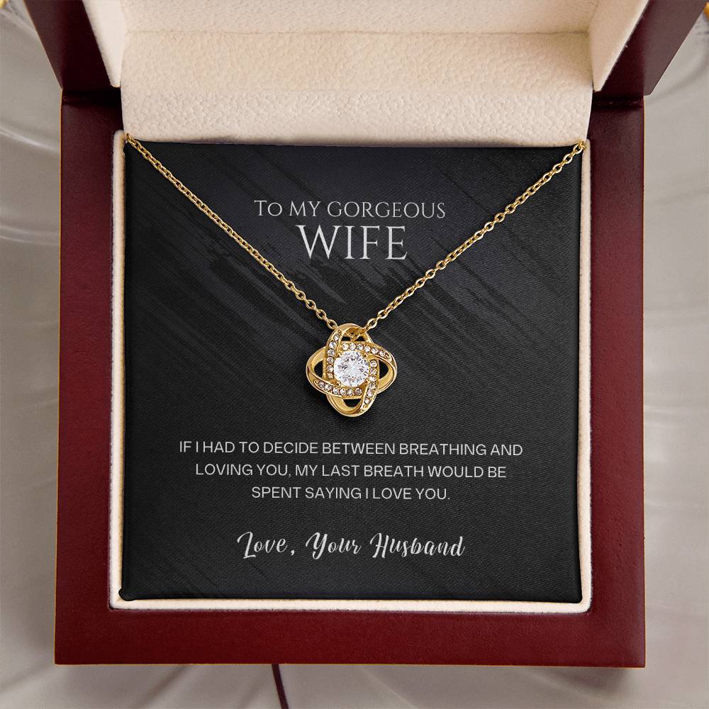 Love Knot Necklace for Wife, 14K White Gold or 18K Yellow Gold, Cubic Zirconia Pendant, Romantic Gift for Her, I Love You Message