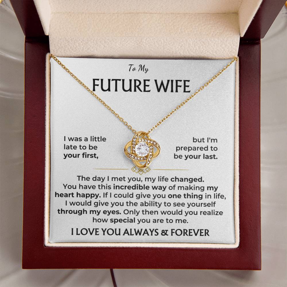 To My Future Wife Love Knot Necklace with Cubic Zirconia Pendant - 14k White Gold or 18k Yellow Gold Over Stainless Steel - Adjustable Chain - Perfect Gift for Anniversary, Birthday, or Valentine's Day