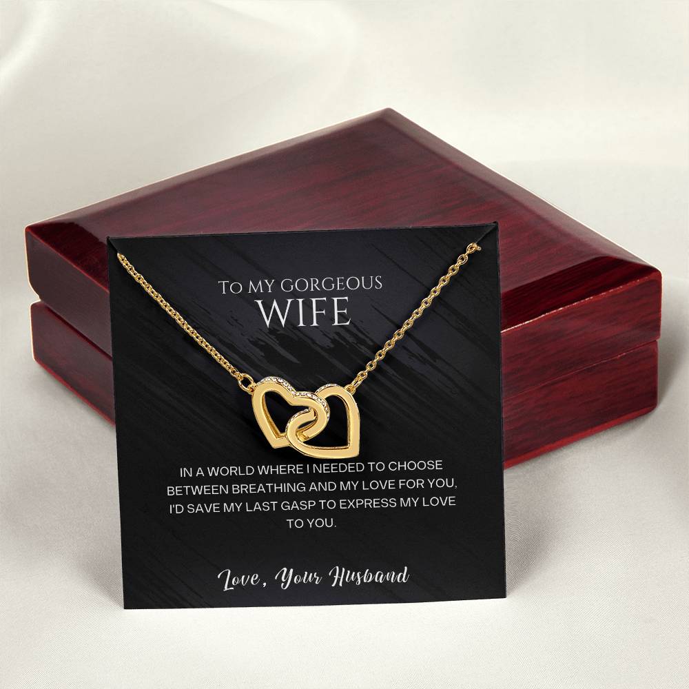 To My Gorgeous Wife Interlocking Hearts Necklace - CZ Crystals - Surgical Steel or Gold Finish - Adjustable Chain - Perfect Gift for Anniversary, Birthday, or Valentine's Day