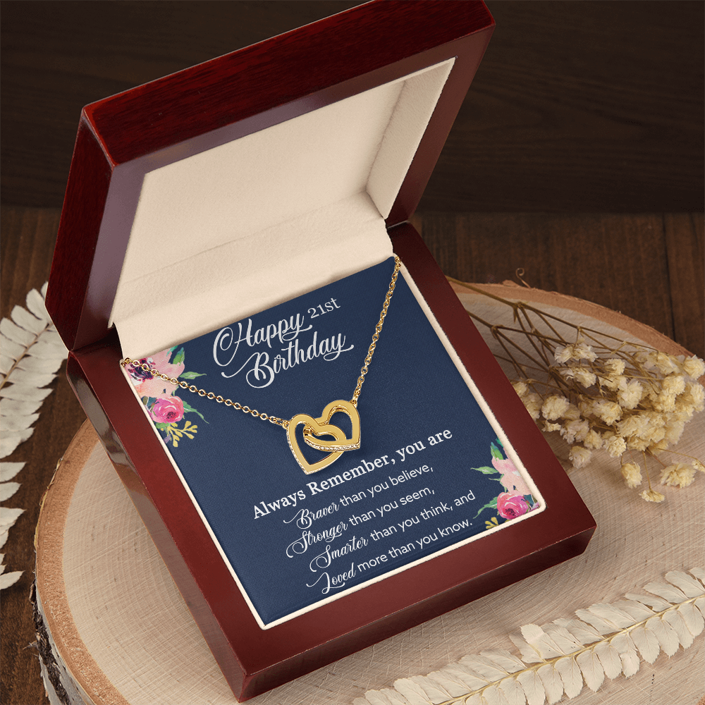 21st Birthday Gift, Happy 21st Birthday, Birthday Gift For Her, You Are Braver And Loved - Interlocking Hearts Necklace With Birthday Greeting Card by Best Gifts 305