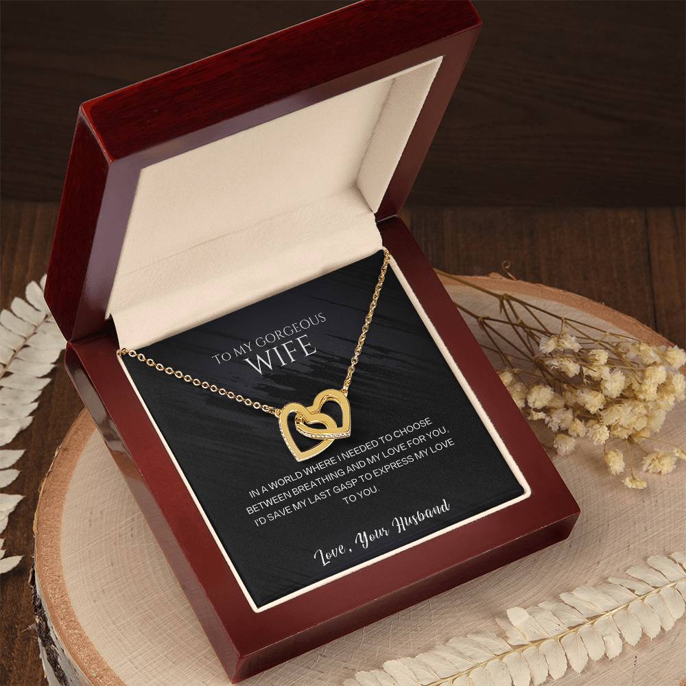 To My Gorgeous Wife Interlocking Hearts Necklace - CZ Crystals - Surgical Steel or Gold Finish - Adjustable Chain - Perfect Gift for Anniversary, Birthday, or Valentine's Day