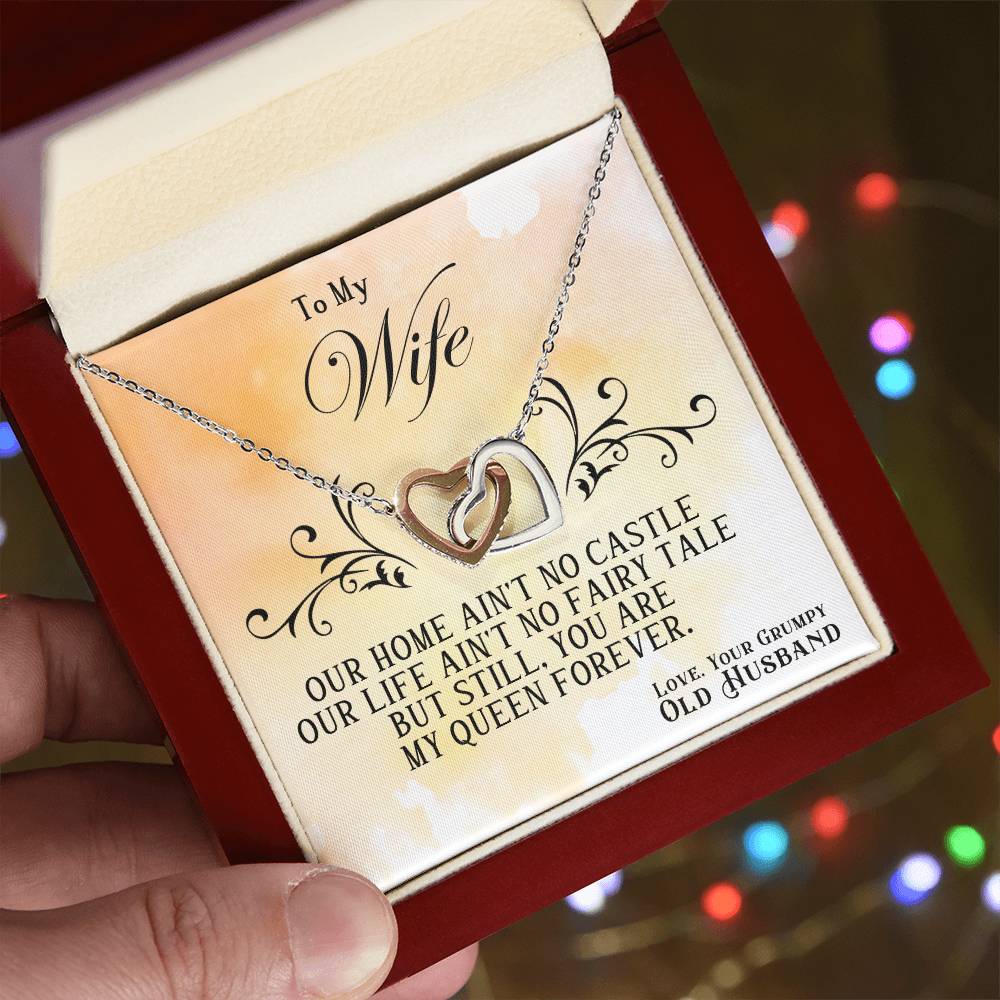 Interlocking Hearts Necklace for Wife, Anniversary Gifts for Her, CZ Crystal Pendant, Romantic Jewelry Gift from Husband, Queen Forever