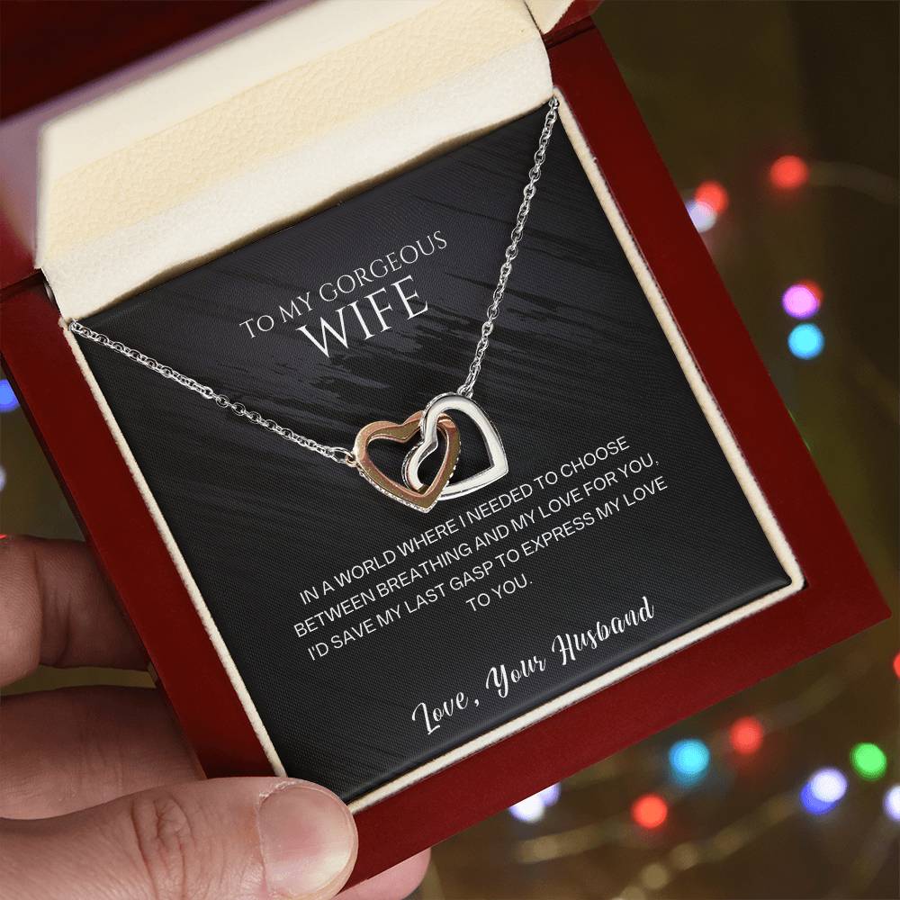 To My Gorgeous Wife Interlocking Hearts Necklace - CZ Crystals - Surgical Steel or Gold Finish - Adjustable Chain - Perfect Gift for Anniversary, Birthday, or Valentine's Day