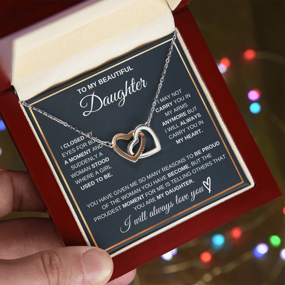 Interlocking Hearts Necklace for Daughter – CZ Crystal Pendant, Birthday Gift from Mom or Dad