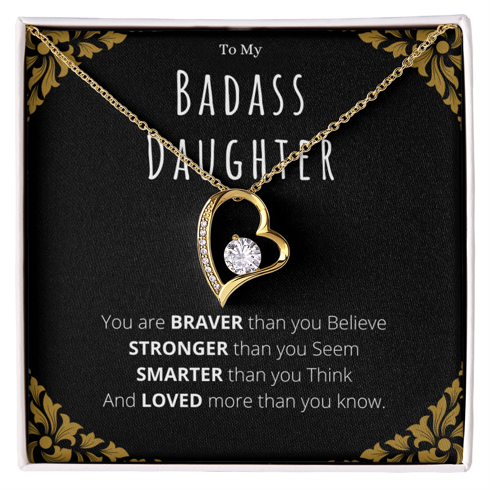 Badass Daughter Necklace Gift – White Gold Forever Love CZ Pendant from Mom or Dad