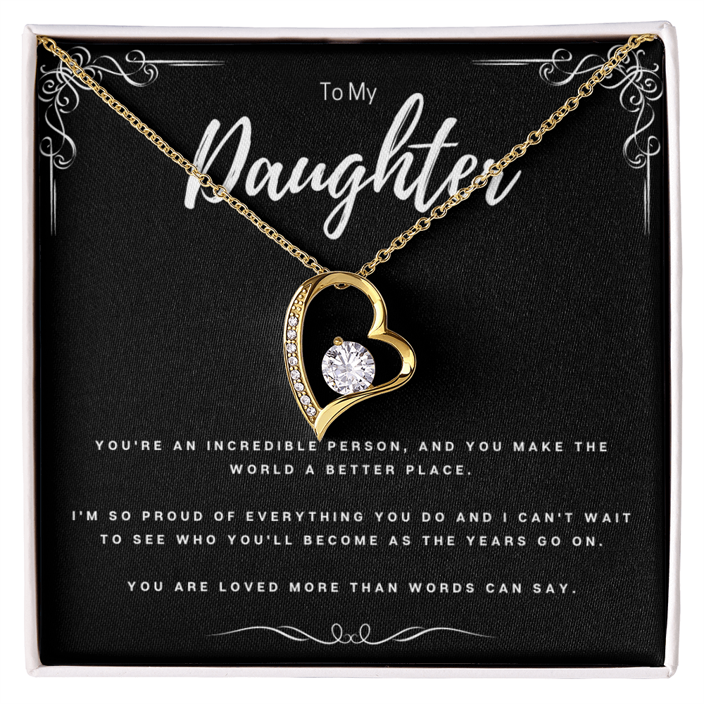 To My Daughter Necklace – Forever Love Heart Pendant with CZ Stone, Meaningful Gift from Mom or Dad