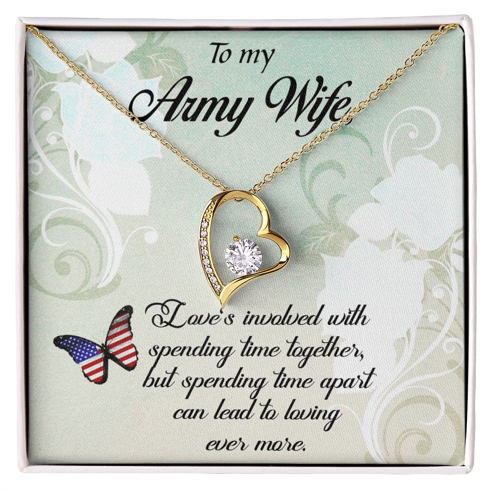 Forever Love Necklace for Army Wife – Heart CZ Pendant, White or Yellow Gold Finish, Romantic Gift for Her