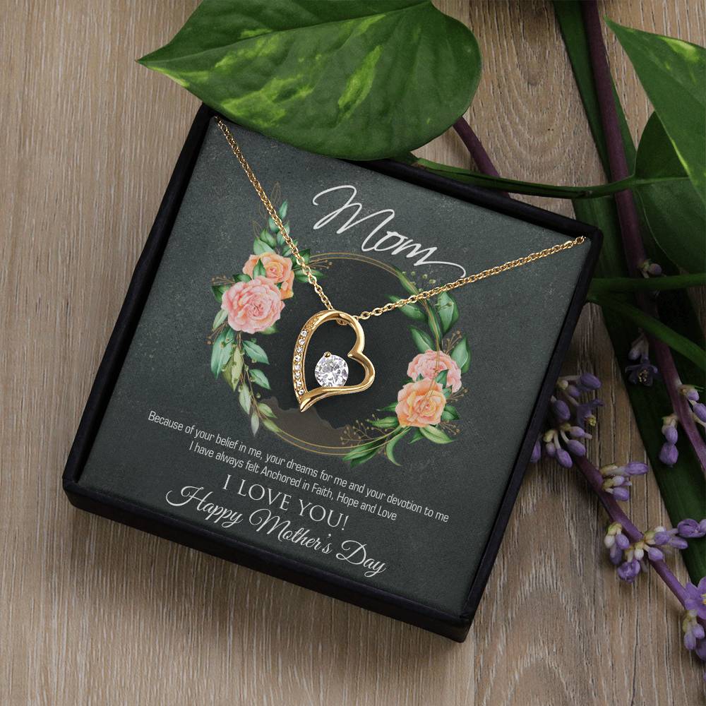 Forever Love Necklace for Mom - 6.5mm CZ Heart Pendant in White Gold or Yellow Gold Finish - Adjustable 18-22" Chain - Mother's Day Gift