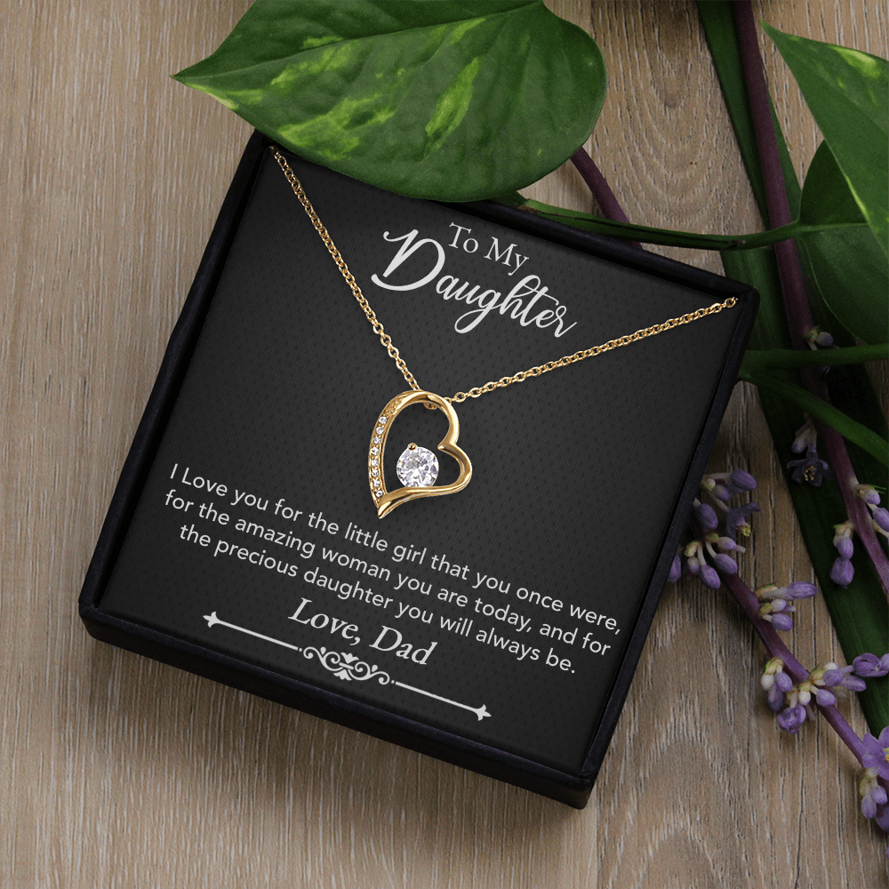 To My Daughter Necklace from Dad – Forever Love Heart Pendant with CZ Crystal, White or Yellow Gold Finish Gift for Her