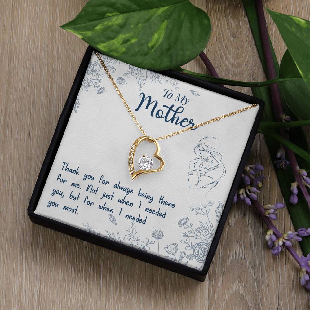 To My Mother Forever Love Necklace – Heart Pendant with Cubic Zirconia, 14K White or 18K Yellow Gold Finish – Inspirational Gift for Mom