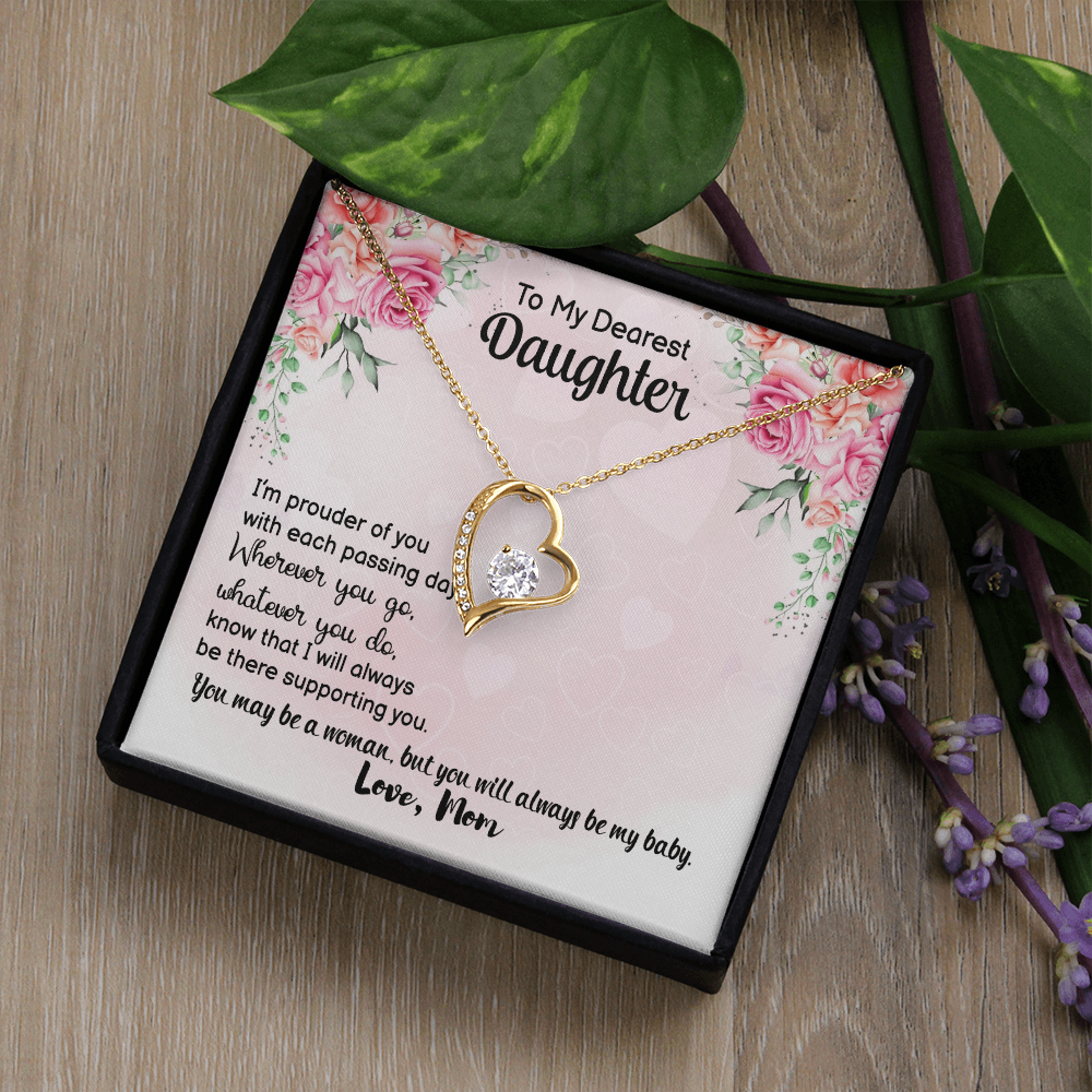 To My Dearest Daughter Forever Love Necklace from Mom – Heart Pendant CZ Crystal Gift for Daughter Birthday Jewelry
