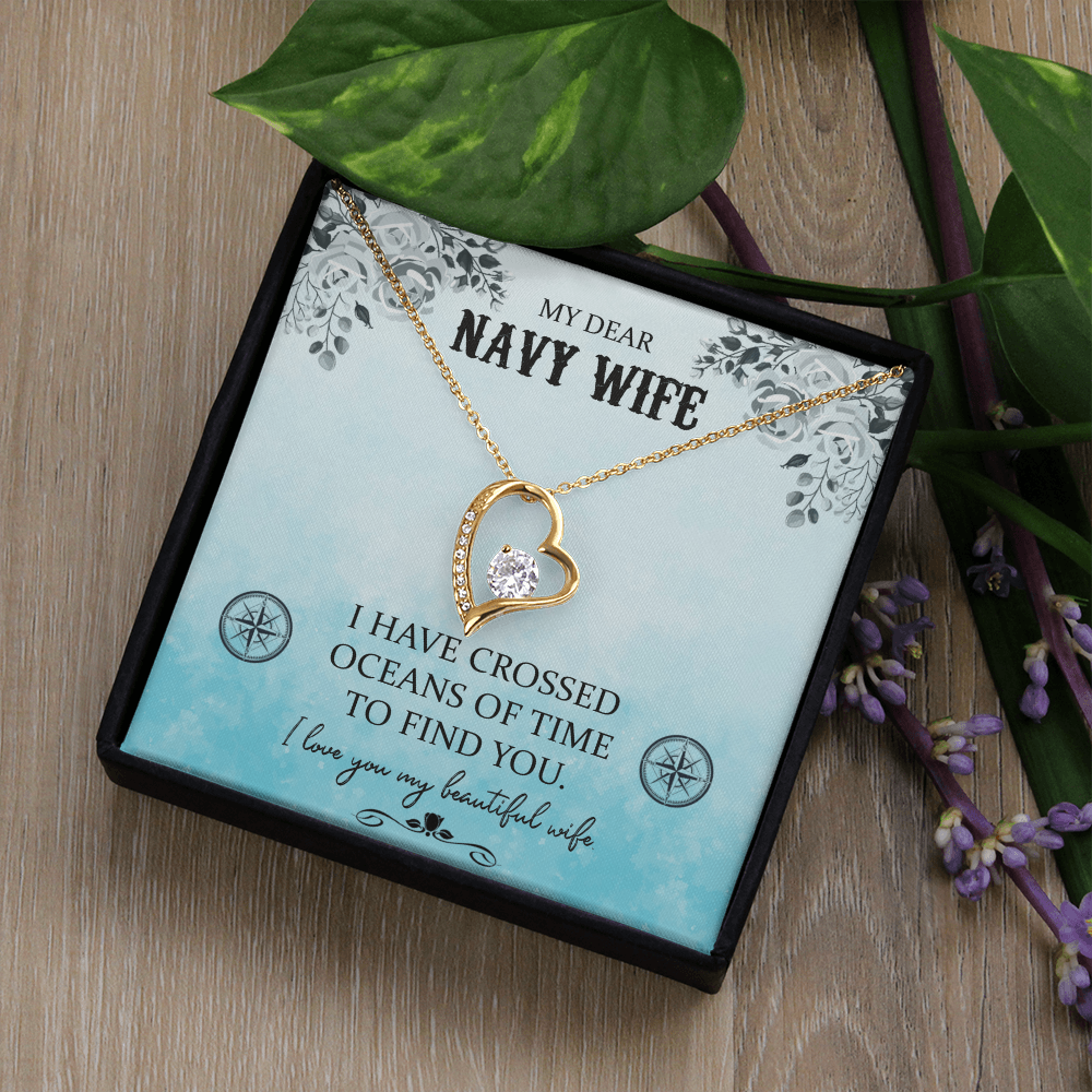 My Dear Navy Wife Forever Love Necklace – 6.5mm CZ Crystal Heart Pendant, Adjustable 18-22" Chain, White or Yellow Gold Finish, Romantic Gift for Wife