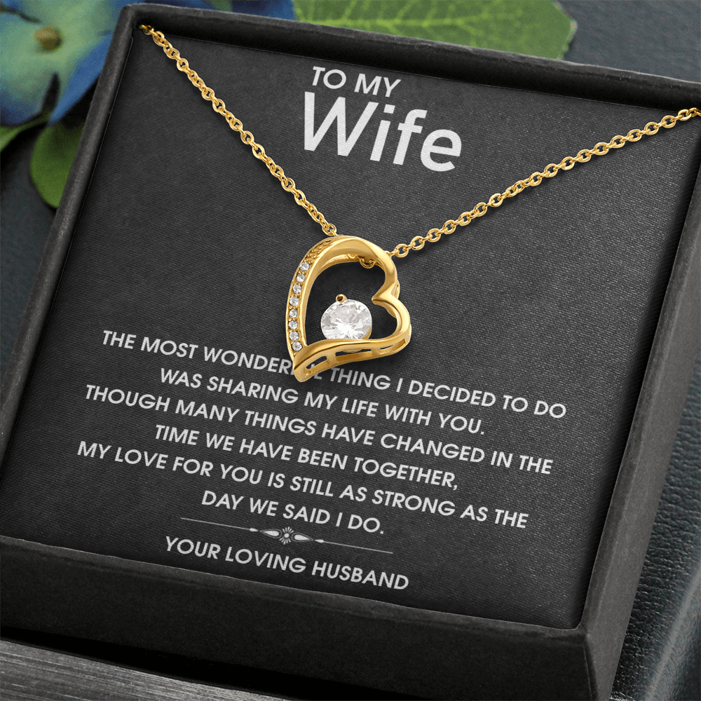 Forever Love Necklace for Wife, CZ Heart Pendant, Anniversary Gift, 14k White Gold or 18k Yellow Gold, Adjustable Chain