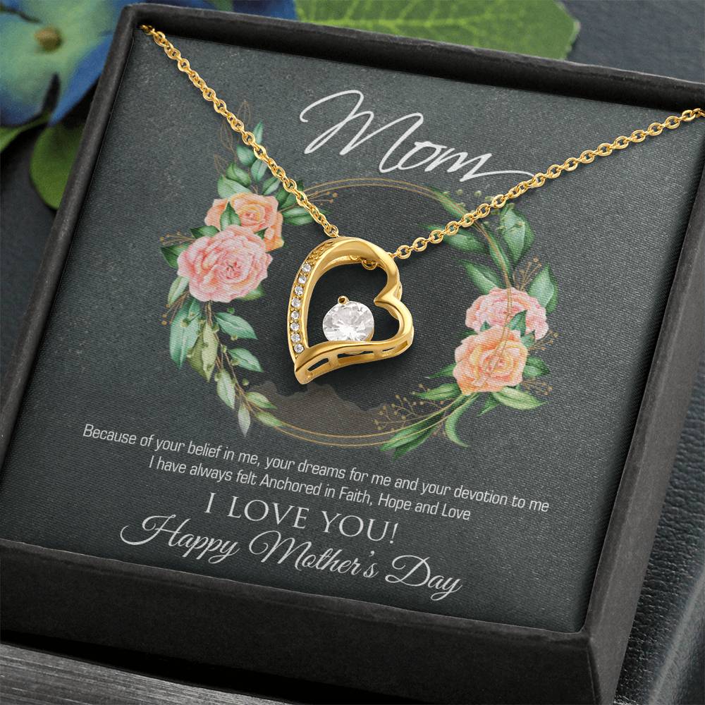 Forever Love Necklace for Mom - 6.5mm CZ Heart Pendant in White Gold or Yellow Gold Finish - Adjustable 18-22" Chain - Mother's Day Gift
